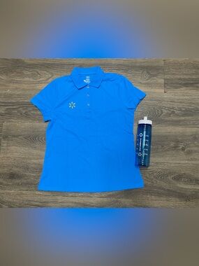 New Bright Blue Walmart Women's Polo Shirt Yellow Starburst Logo water bottle